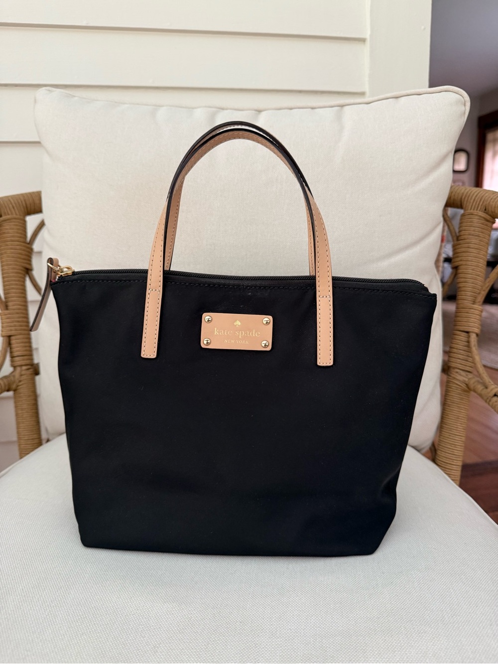 Kate Spade New York Black Nylon Tote Bag Pink Lining Small Shoulder Handbag